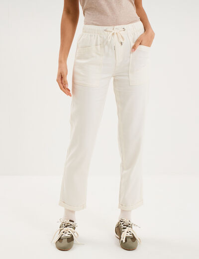 Pantalon mom taille &eacute;lastiqu&eacute;e creme femme