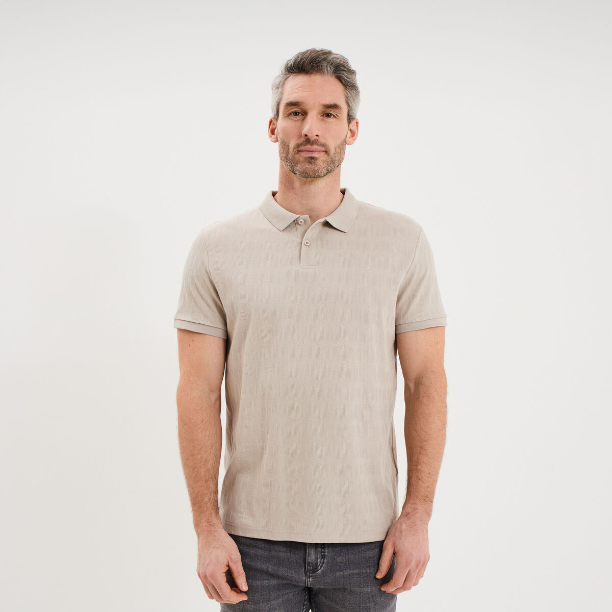 Polo textur&eacute; manches courtes gris clair homme