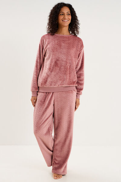 Pantalon effet polaire d&eacute;tails torsades rose framboise femme