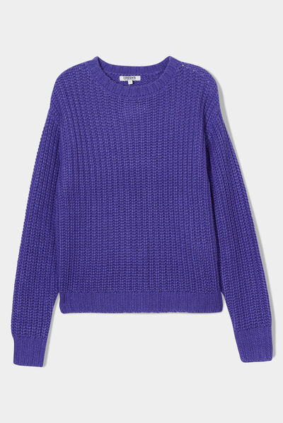 Pull côtelé col rond manches longues violet femme