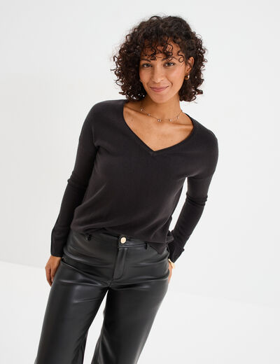 Pull col en V manches longues noir femme