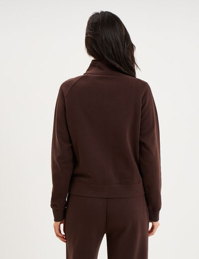 Sweat zipp&eacute; molleton col montant marron fonc&eacute; femme