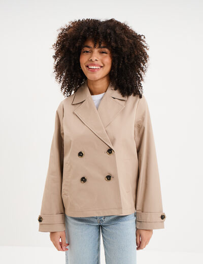 Trench court double boutonnage beige femme