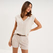 Blouse col V manches courtes lin m&eacute;lang&eacute; beige femme