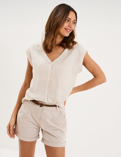Blouse col V manches courtes lin m&eacute;lang&eacute; beige femme