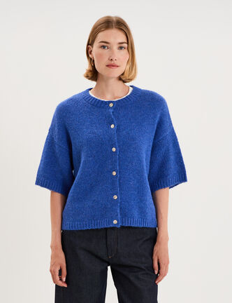 Gilet boutonn&eacute; manches courtes col rond bleu roi femme