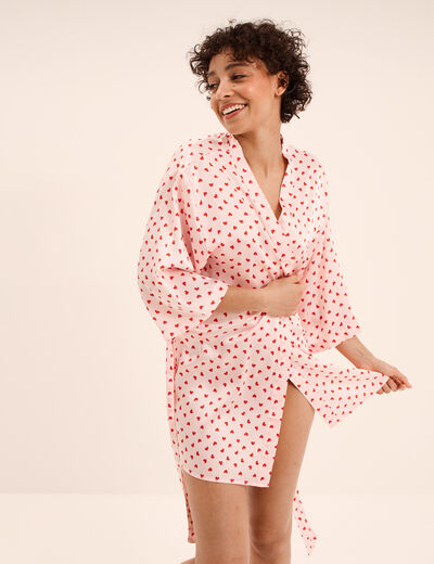 Peignoir kimono court effet satin rose clair femme