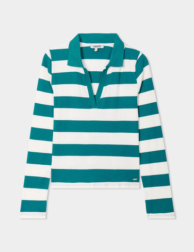 T-shirt col polo manches longues Creeks vert émeraude femme