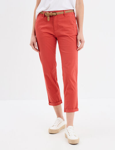 Pantalon chino 7/8ème ceinture tressée rouge corail femme