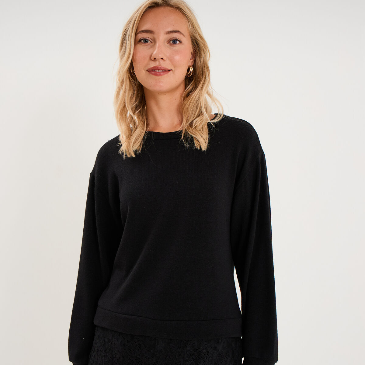 Pull col rond dentelle &agrave; la taille noir femme