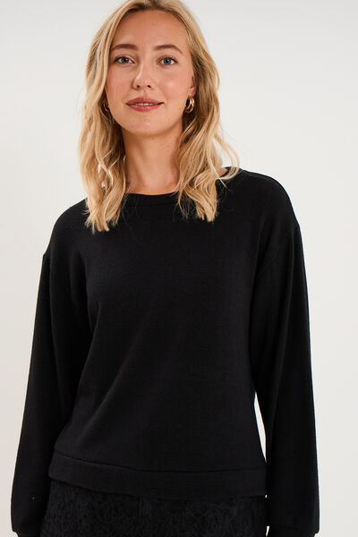 Pull col rond dentelle &agrave; la taille noir femme