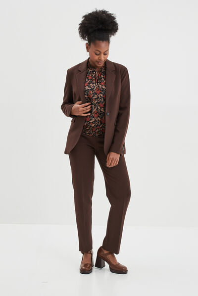 Blouse manches longues col montant camel femme