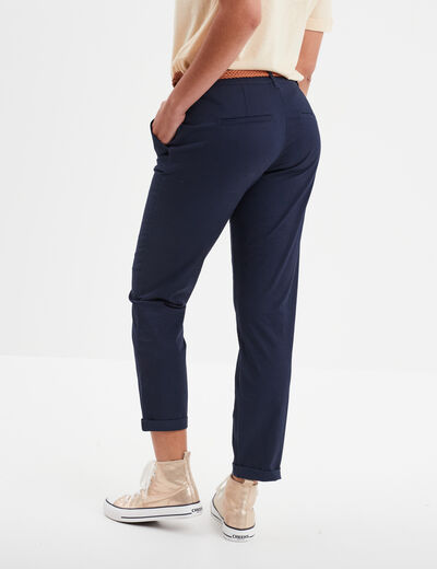 Pantalon chino 7/8ème ceinture tressée bleu marine femme