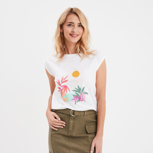T-shirt col rond manches courtes ecru femme