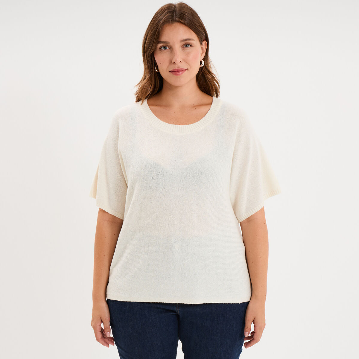 Pull manches courtes ivoire femme grande taille
