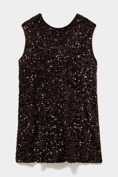 Robe courte &agrave; sequins sans manches marron fonc&eacute; femme