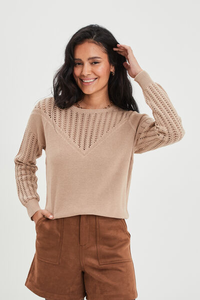 Pull ajouré col et manches Liberto beige femme