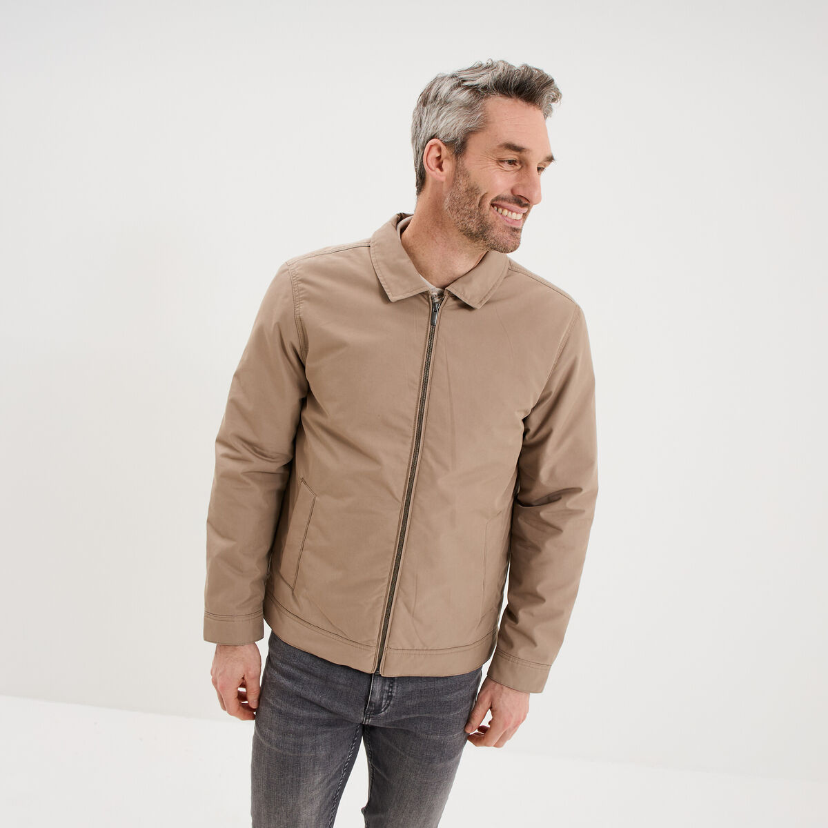 Blouson zipp&eacute; doubl&eacute; col &agrave; revers taupe homme