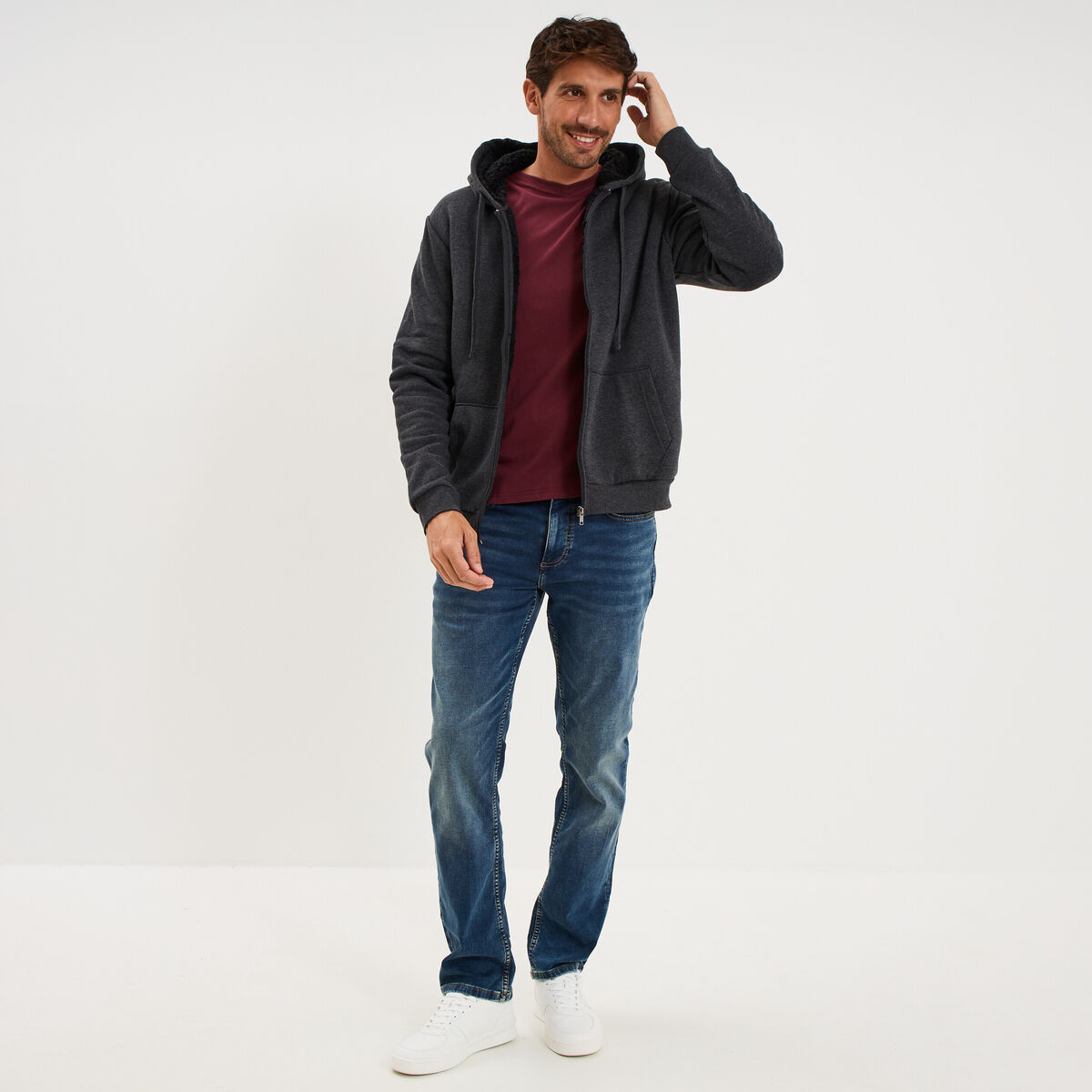 Sweat zipp&eacute; doublure effet sherpa gris fonc&eacute; homme