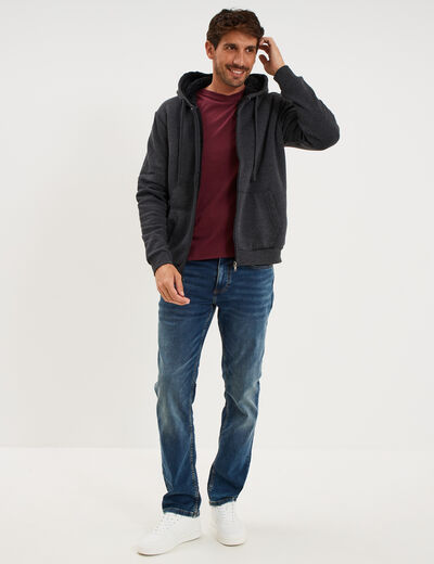 Sweat zipp&eacute; doublure effet sherpa gris fonc&eacute; homme