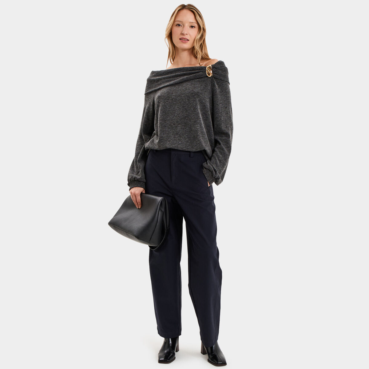 Pull encolure bateau manches longues gris femme