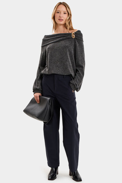 Pull encolure bateau manches longues gris femme