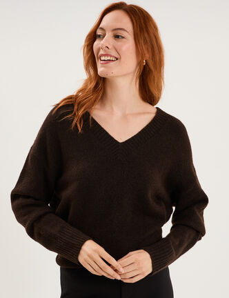 Pull col en V manches longues marron fonc&eacute; femme