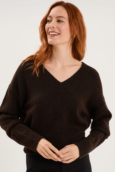 Pull col en V manches longues marron fonc&eacute; femme