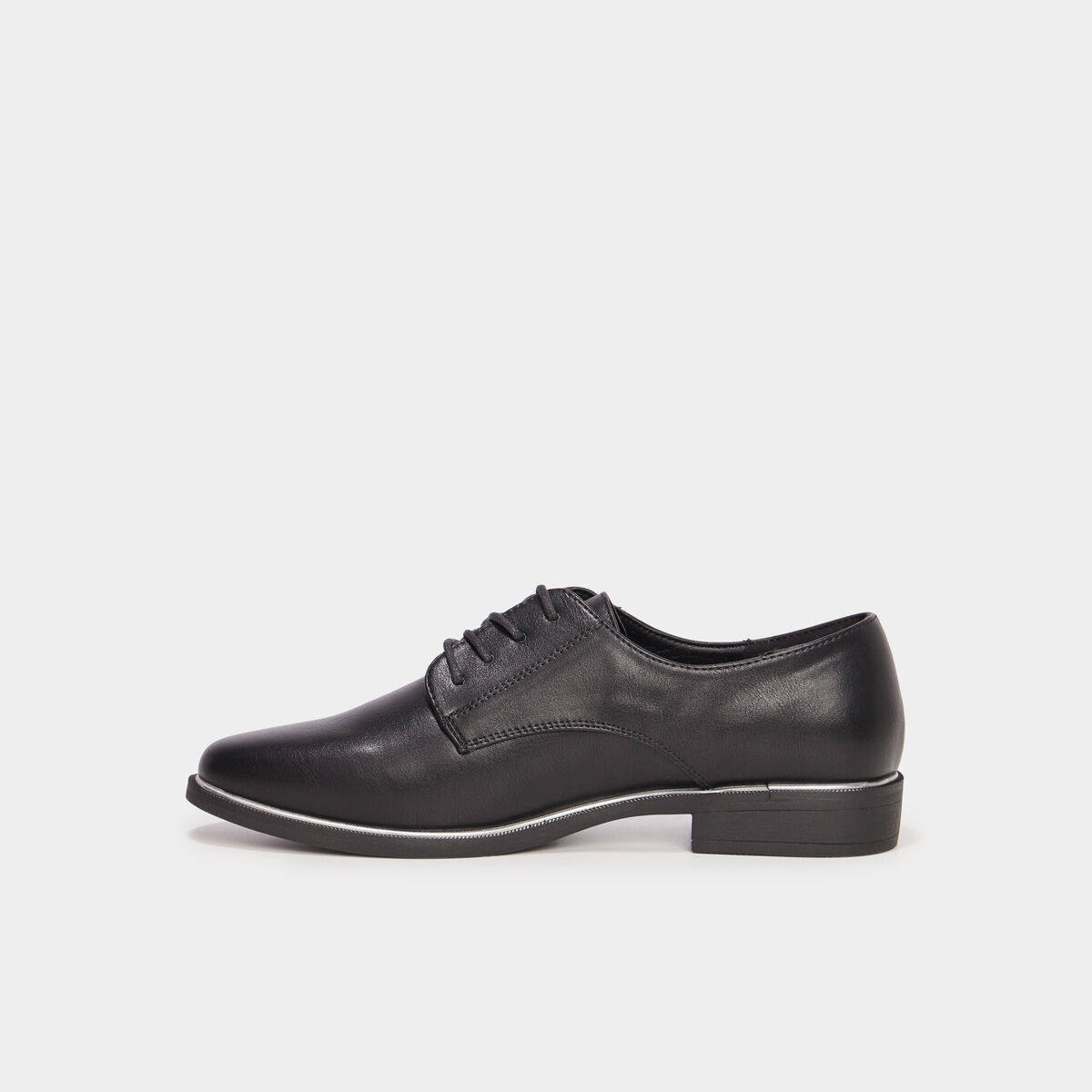 Derbies liser&eacute;s m&eacute;tallis&eacute;s talon plat noir femme