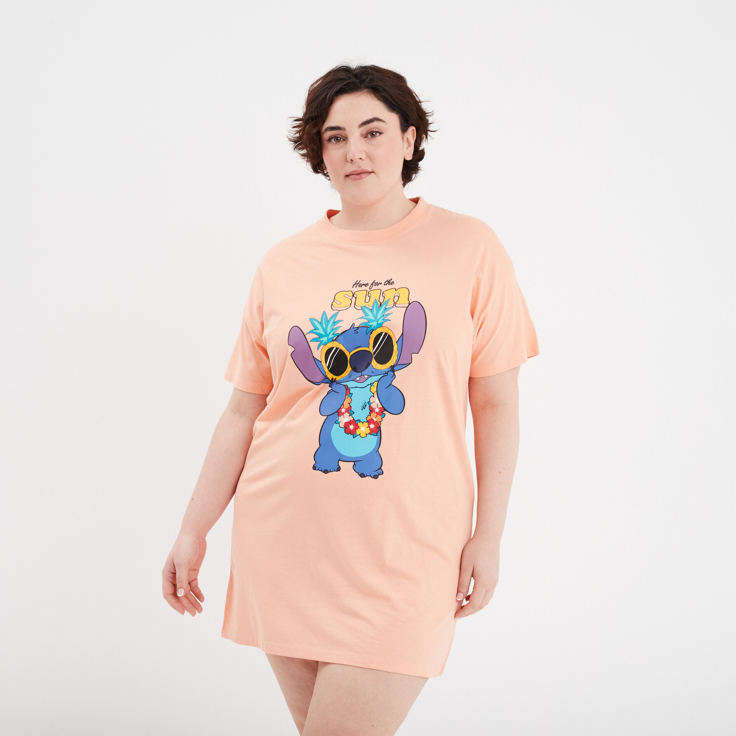Chemise de nuit manches courtes Stitch rose saumon femme grande taille