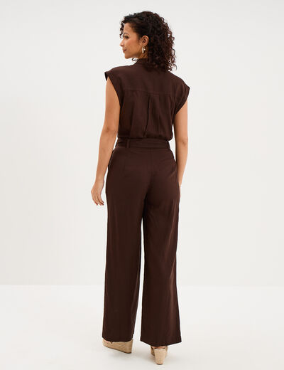 Combinaison pantalon lin m&eacute;lang&eacute; marron fonc&eacute; femme