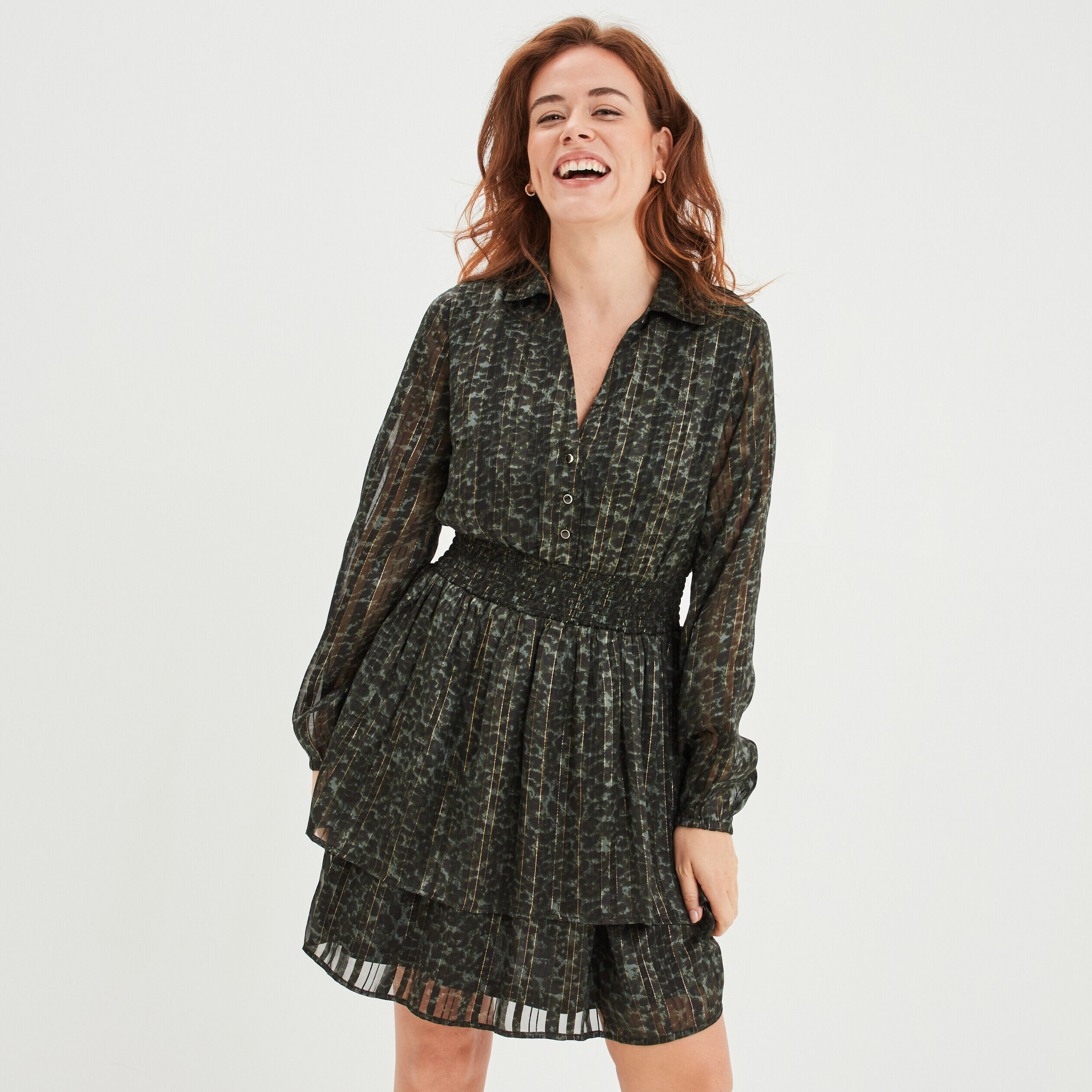 Robe smockée à volants Liberto vert kaki femme LIBERTO