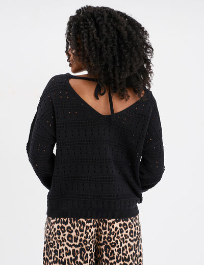 Pull ajouré noeud au dos noir femme