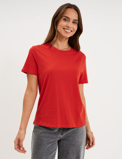 T-shirt col rond manches courtes coton rouge femme