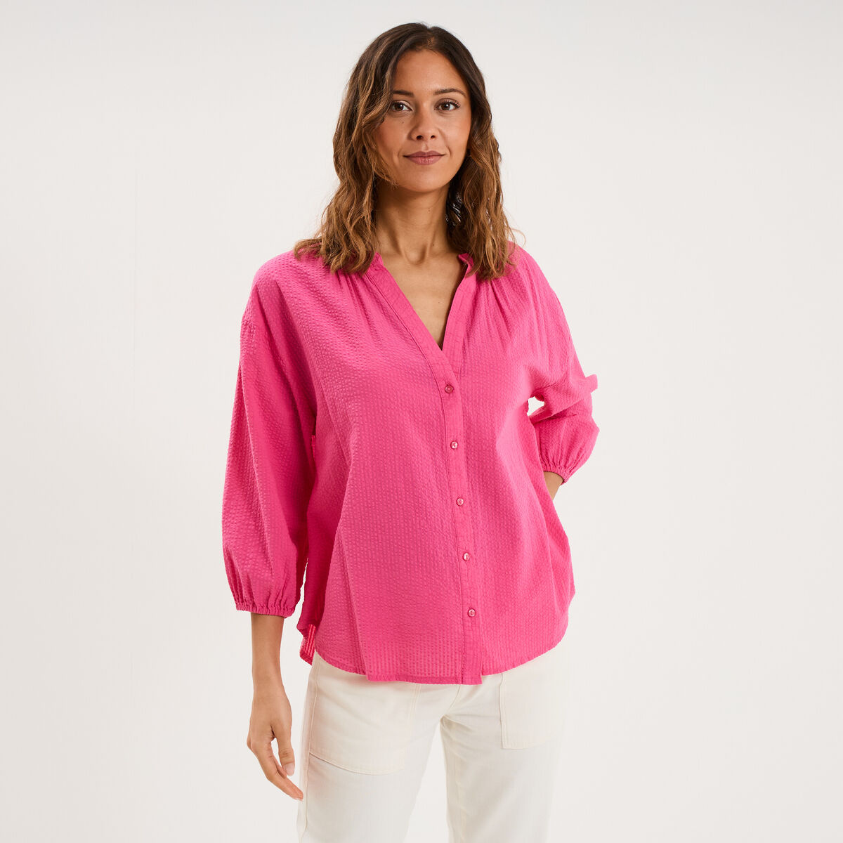 Blouse col tunisien manches 3/4 coton rose fushia femme