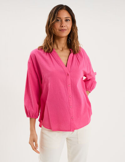 Blouse col tunisien manches 3/4 coton rose fushia femme