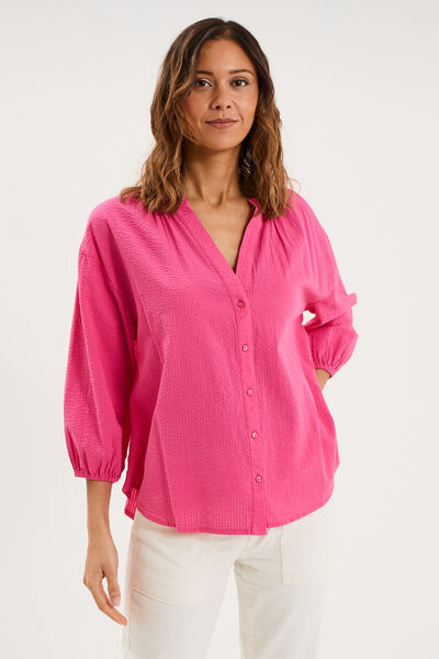 Blouse col tunisien manches 3/4 coton rose fushia femme