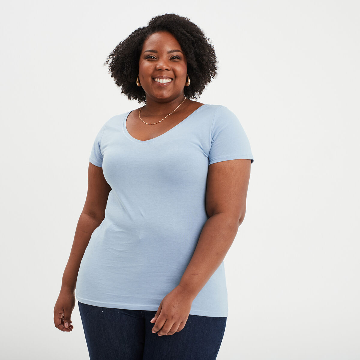 T-shirt col en V manches courtes coton bleu clair femme grande taille