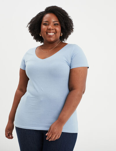 T-shirt col en V manches courtes coton bleu clair femme grande taille