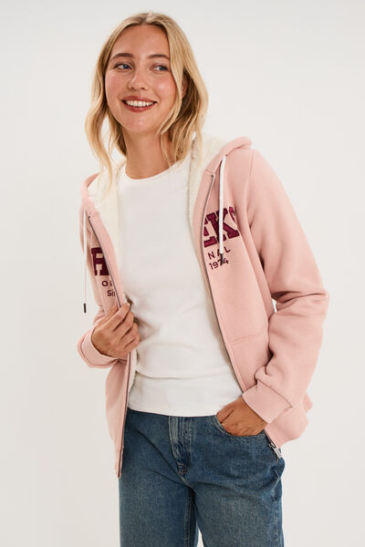 Sweat &agrave; capuche doublure effet sherpa rose poudr&eacute;e femme