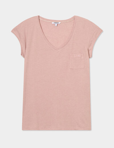T-shirt col v poche poitrine Creeks rose poudrée femme