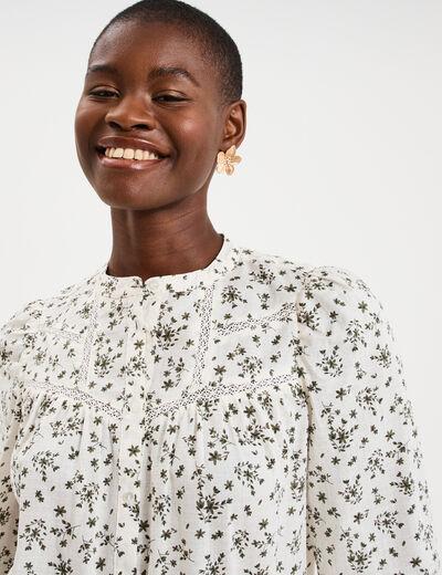 Blouse droite manches longues coton ecru femme