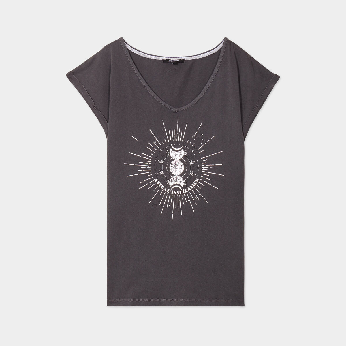 T-shirt coton col en V manches courtes gris clair femme