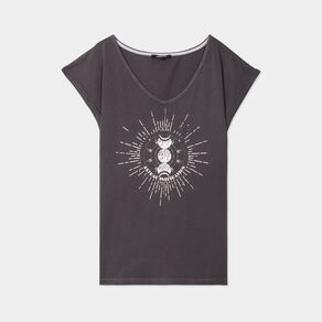 T-shirt coton col en V manches courtes gris clair femme