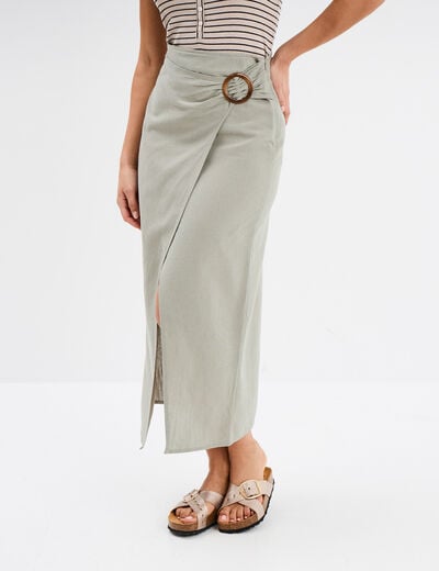 Jupe midi portefuille avec boucle vert kaki femme