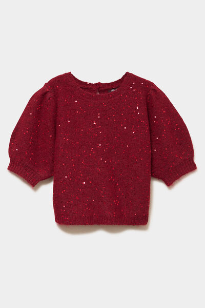 Pull sequins et manches courtes ballons rouge femme