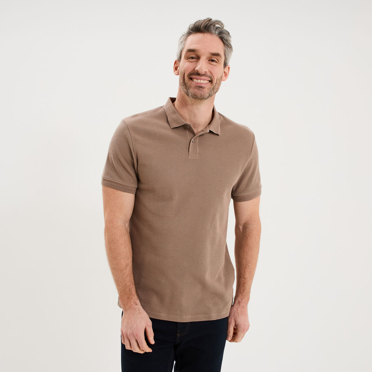 Polo textur&eacute; manches courtes coton marron homme