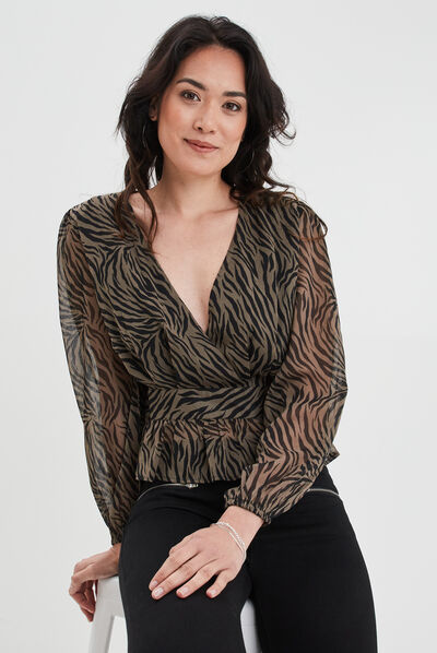 Blouse cintrée col effet croisé Liberto vert kaki femme