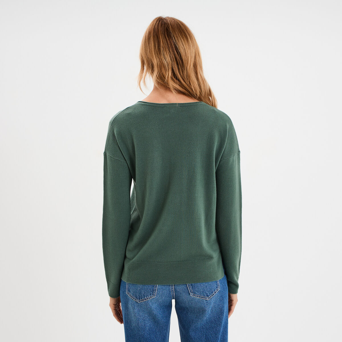 Pull col en V manches longues vert femme