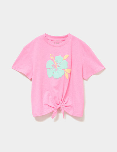 T-shirt nou&eacute; manches courtes rose fluo fille